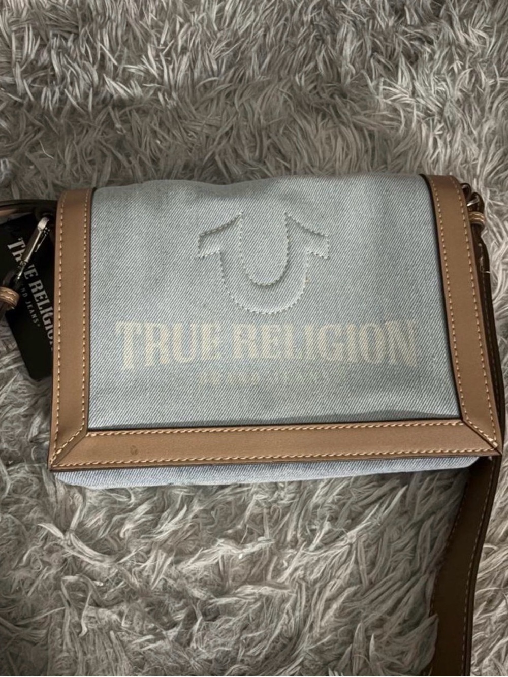 True Religion Light Blue Denim Crossbody with Tan Trim